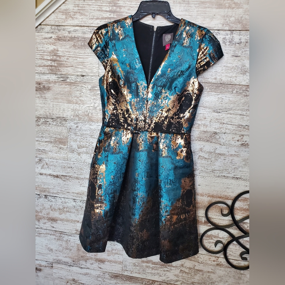 Vince Camuto Teal and Gold Baroque Brocade Mini Dress